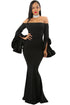 Sexy Black Off Shoulder Pleated Bell Sleeves Party Evening Maxi Dress